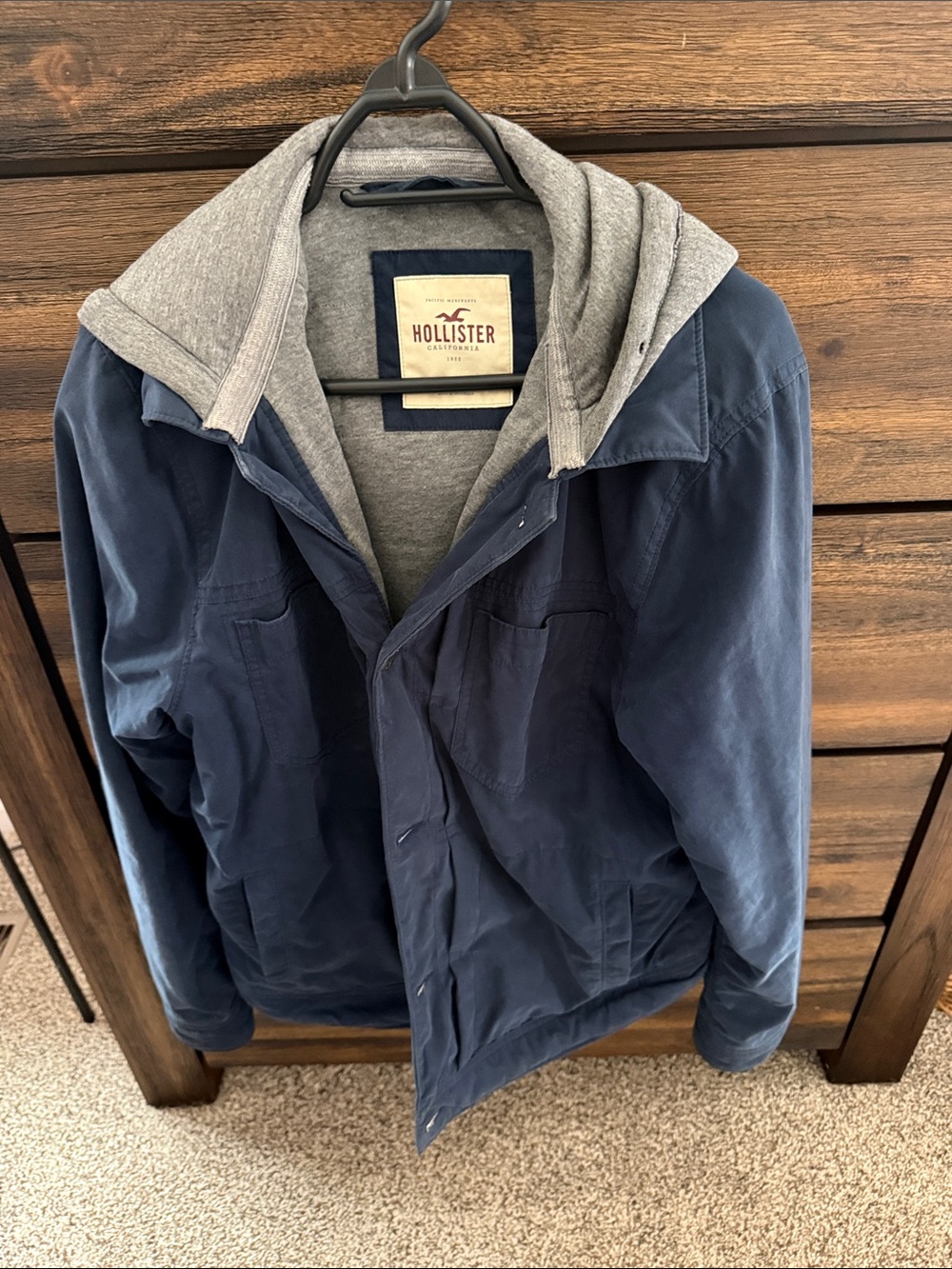 Hollister Men's Navy Field Jacket with Gray Hood